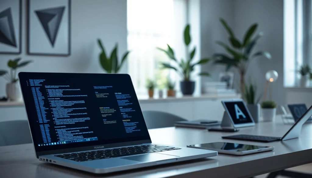 Showcasing AI Software tools on a modern desk with illuminated screens and clean design.