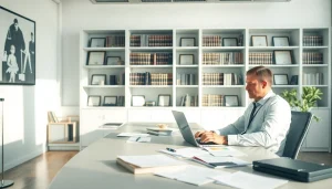 Visual representation of Automated Legal Notice Generation in a professional office with legal documents and a laptop.