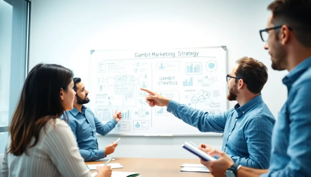 Engaged team discussing gambit marketing strategies in a modern workspace.