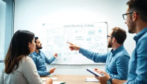 Engaged team discussing gambit marketing strategies in a modern workspace.