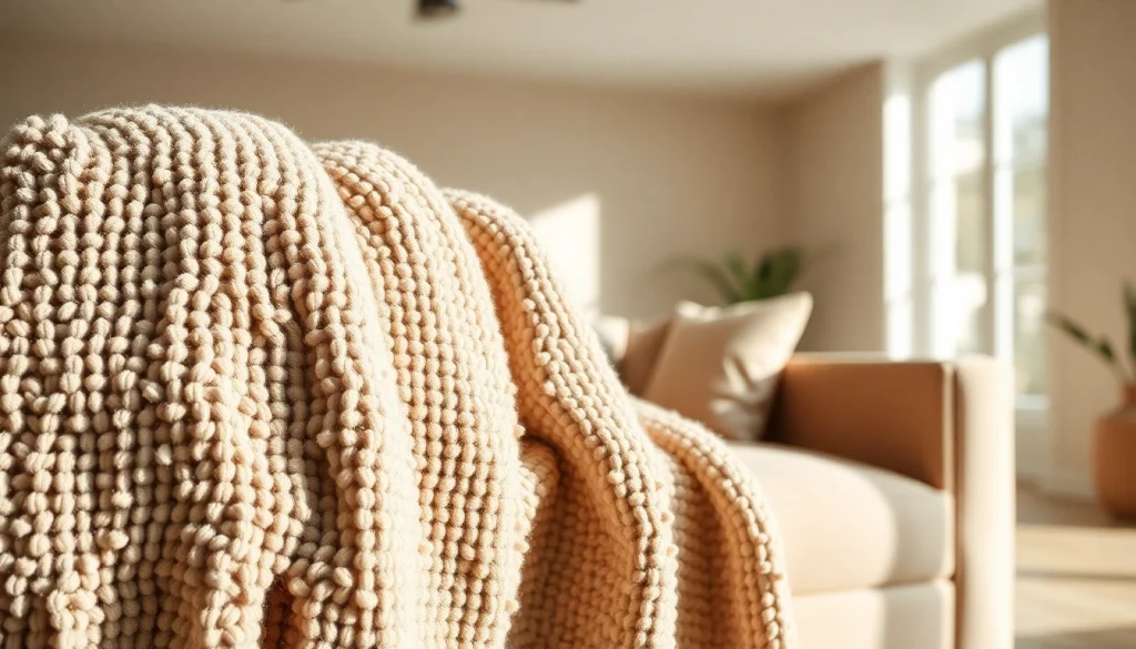 Bouclé stof in close-up, toont zijn luxe textuur op een minimalistische bank.