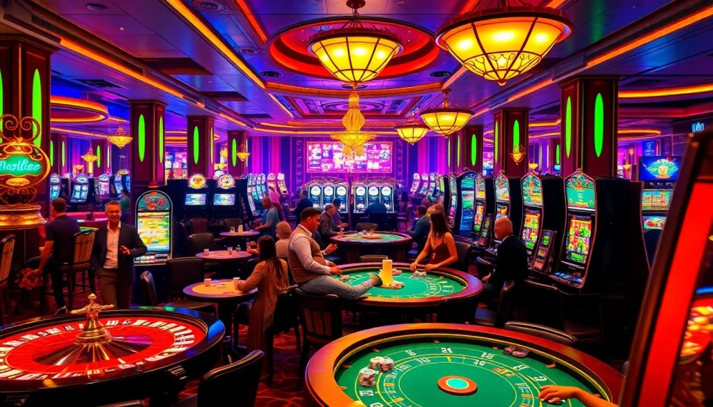 Gamblers engaging in thrill of debet betting at a luxurious casino gaming floor.