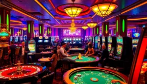 Gamblers engaging in thrill of debet betting at a luxurious casino gaming floor.