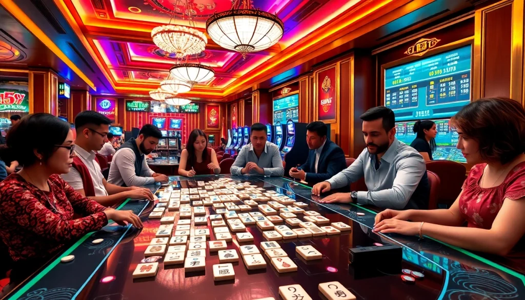 Terlibat dalam permainan Link Mahjong yang mendebarkan di tengah latar belakang kasino mewah dengan para pemain yang bersemangat.