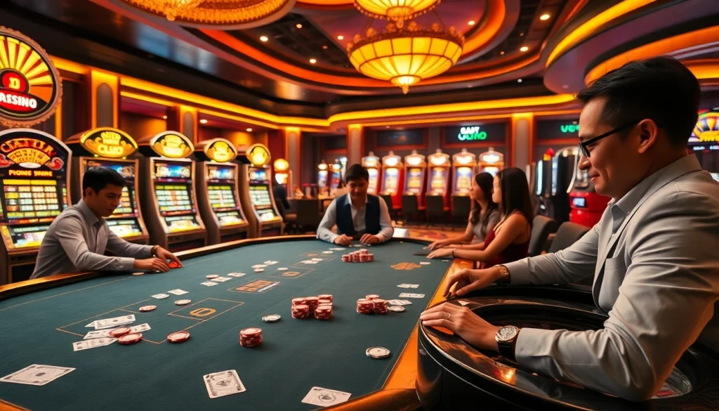 Players enjoying the thrill of raja toto88 at a luxurious casino table with vibrant gaming elements.