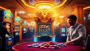 Putar mesin slot Zeus di tengah suasana kasino yang penuh warna dan semangat.