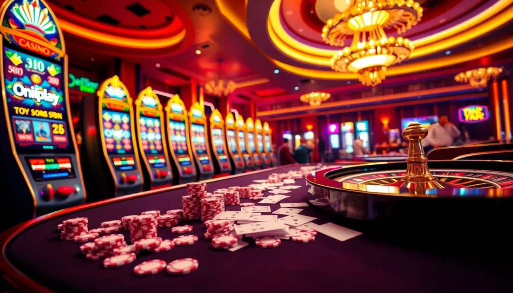 Experience the thrill of Onicplay with engaging slot machines and vibrant gameplay in this lively casino scene.
