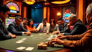 NK88 poker players strategize at a luxurious table, surrounded by vibrant casino elements.