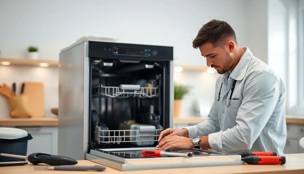 BOSCH dishwasher repair showcased by a technician in a bright, modern kitchen setting.