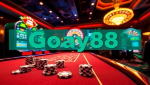 Engaging players at a vibrant casino table featuring Gopay88 branded gaming elements and slot machines.