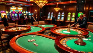 Experience thrilling gambling at https://febet8.com with elegant casino tables, dealers, and vibrant slot machines.