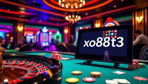 Experience the thrill of gambling at a casino with xo88t3 gaming visuals featuring roulette wheels and poker chips.