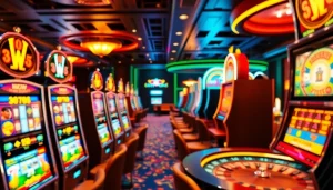 Rasakan sensasi slot deposit pulsa dalam lingkungan kasino mewah yang hidup, dengan mesin slot berwarna terang.