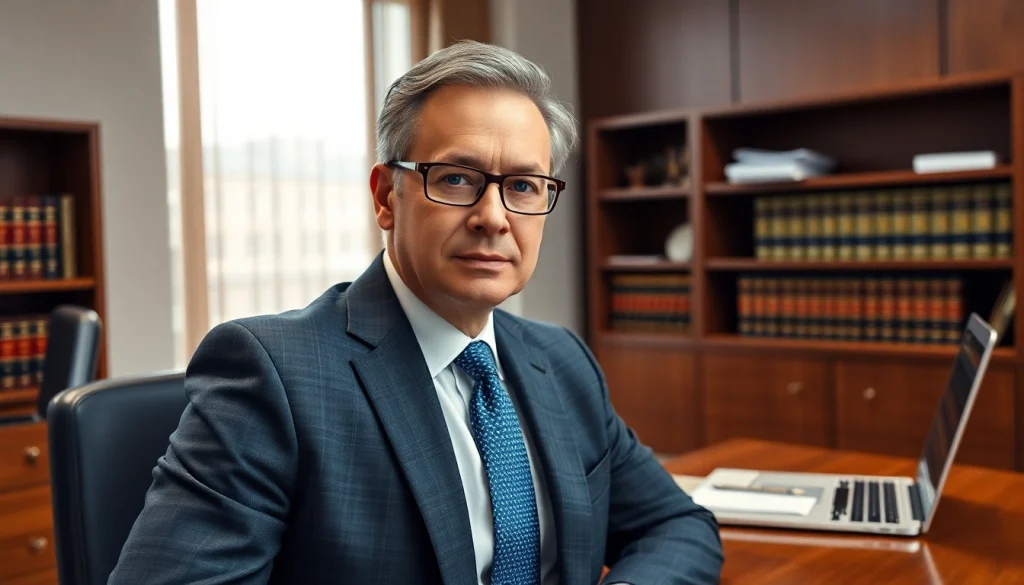 Eminent domain lawyer presenting a professional demeanor in a well-appointed office.