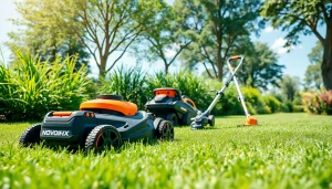 Outdoor scene featuring NovorikX cordless lawn mower and string trimmer in a sunny garden.