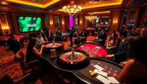 Experience thrilling moments at okwin's luxurious gaming tables, featuring vibrant chips and excited players.