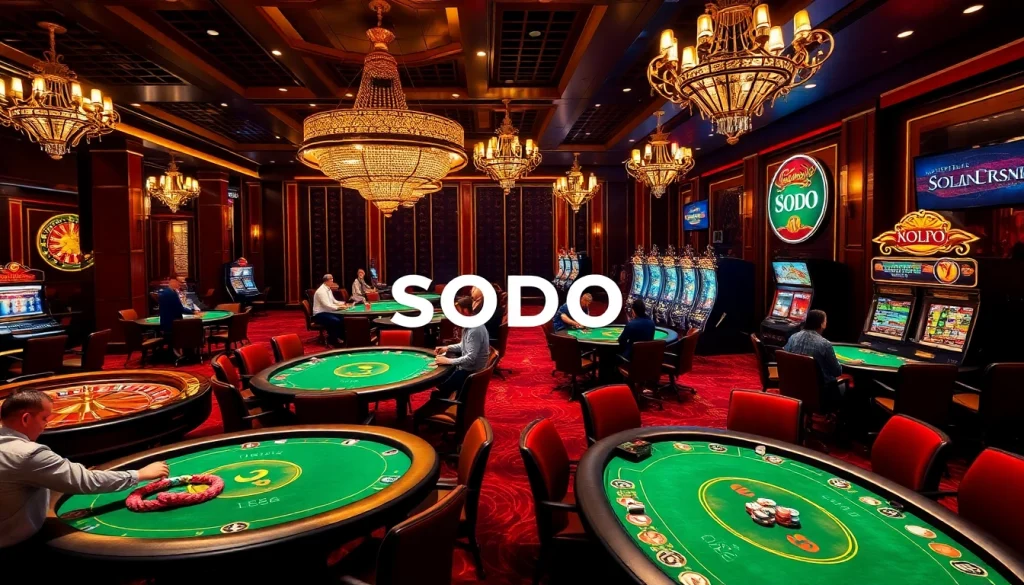 SODO casino scene showcasing vibrant gaming tables, luxury decor, and professional gamblers.