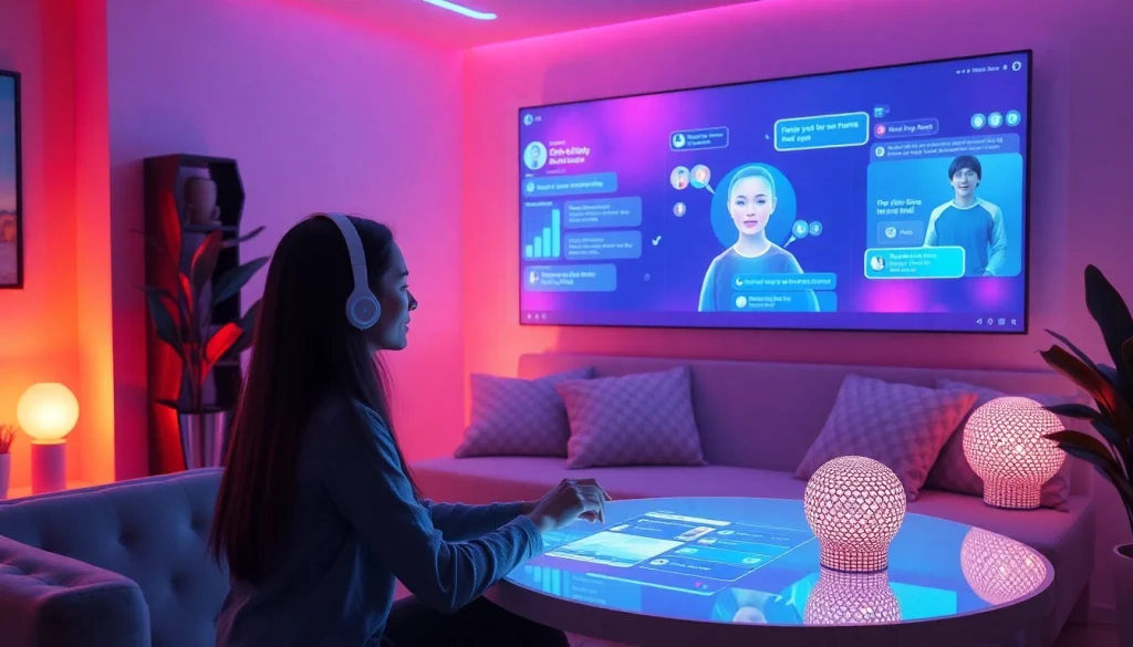 Engaging virtual scene of an nsfw ai chat with an inviting AI girlfriend character in a cozy chat room.