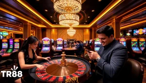 Experience the thrill of TR88 at a luxurious casino game table with eager players.