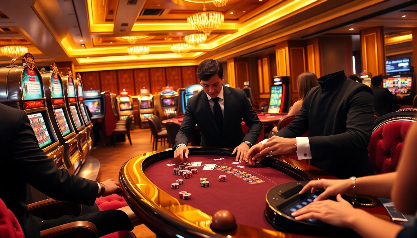 Scène engageante de meilleur casino en ligne avec des machines à sous vibrantes et une table de poker.