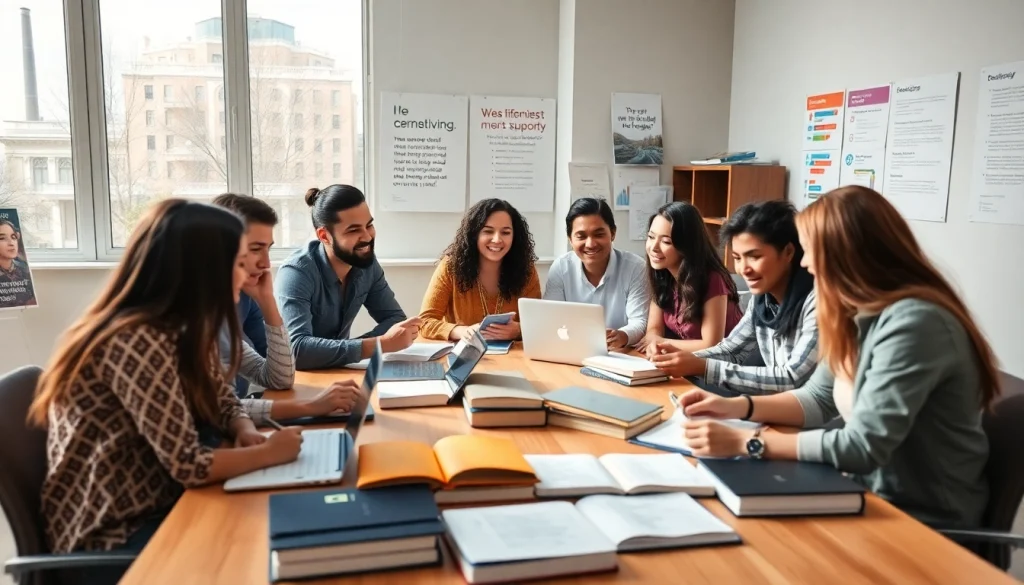 Engaged learners collaborating in a bright study space focused on certification exam support.