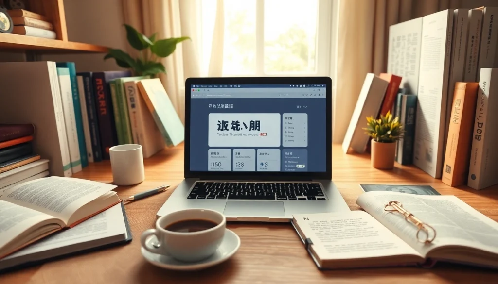 Digital workspace featuring 有道翻译 interface with books and notes, promoting language learning.
