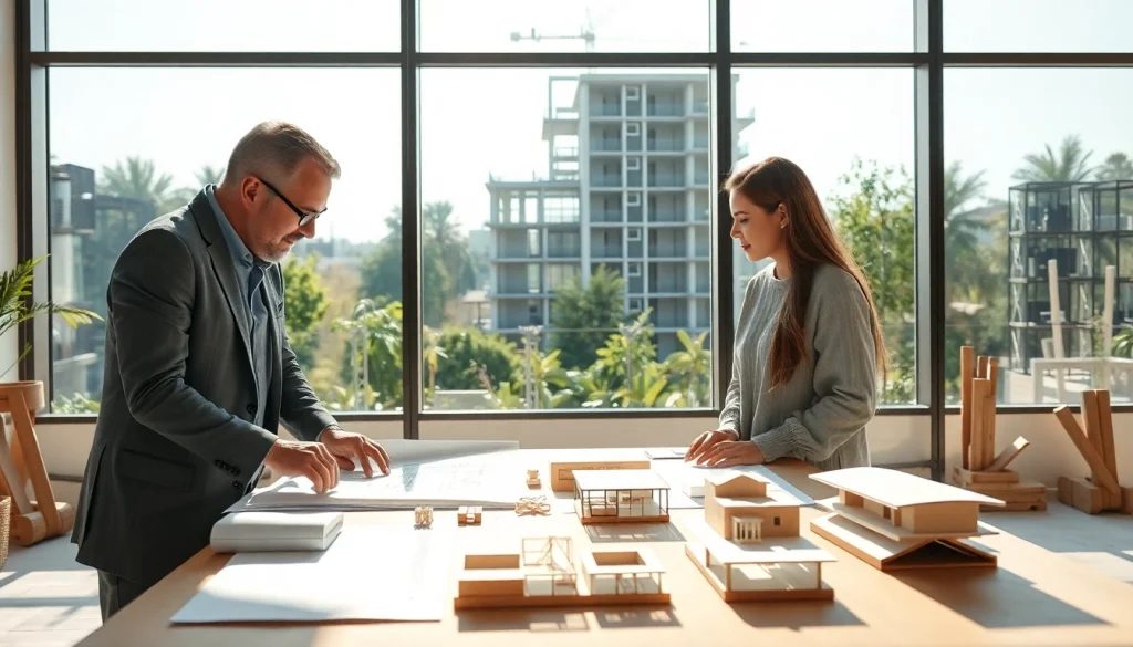 Start a residential architecture project by consulting with architects at a drafting table.