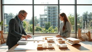 Start a residential architecture project by consulting with architects at a drafting table.