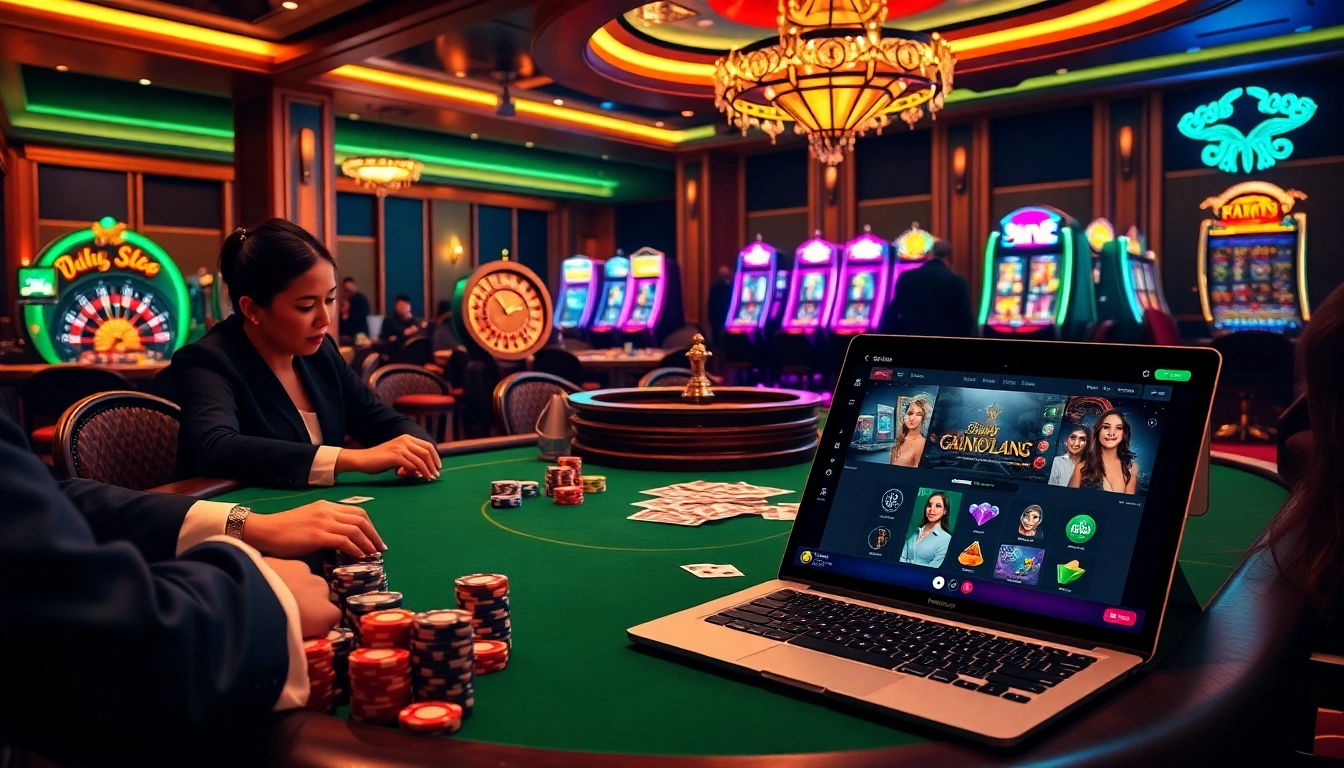 Scène engageante dans un casino de luxe mettant en valeur des jetons de poker et une table de jeu pour meilleur casino en ligne.