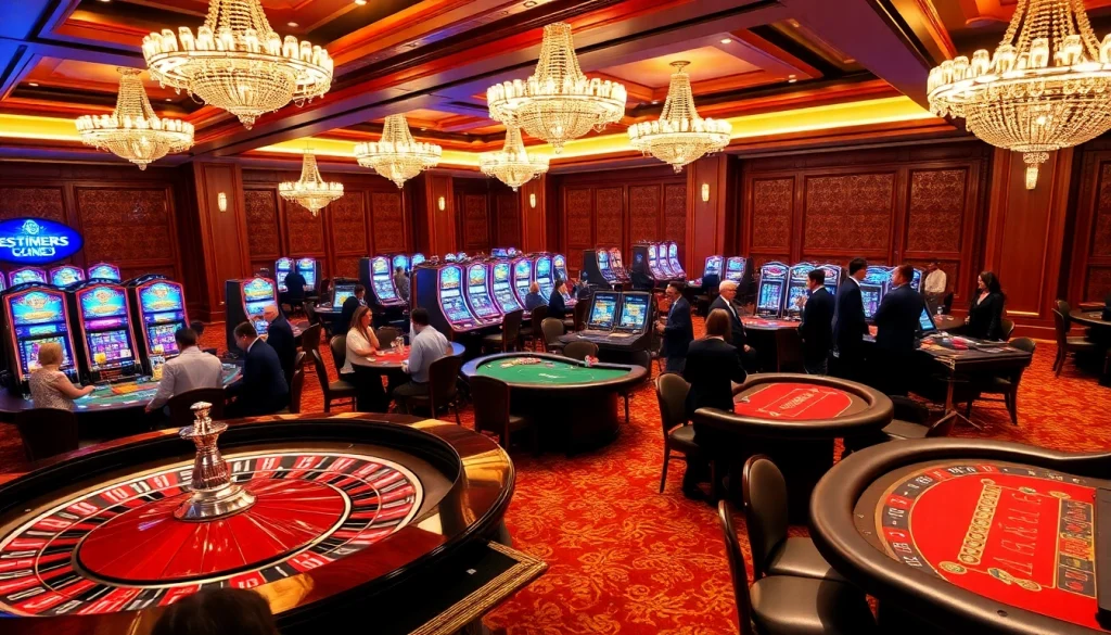 Intérieur excitant du meilleur casino en ligne, featuring des tables somptueuses, des jetons de poker, et des joueurs enthousiastes.