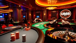 U888 casino featuring vibrant tables and eager players engaging in thrilling games.