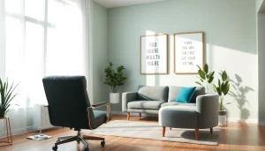 Anxiety symptoms illustrated in a serene therapy room with calming colors and comforting decor.