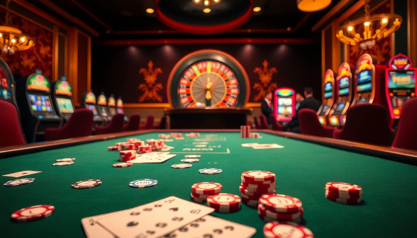 Une scène de poker vibrante mettant en avant le meilleur casino en ligne avec des joueurs s'affrontant autour d'une table luxueuse, mettant en valeur des jetons et des cartes.