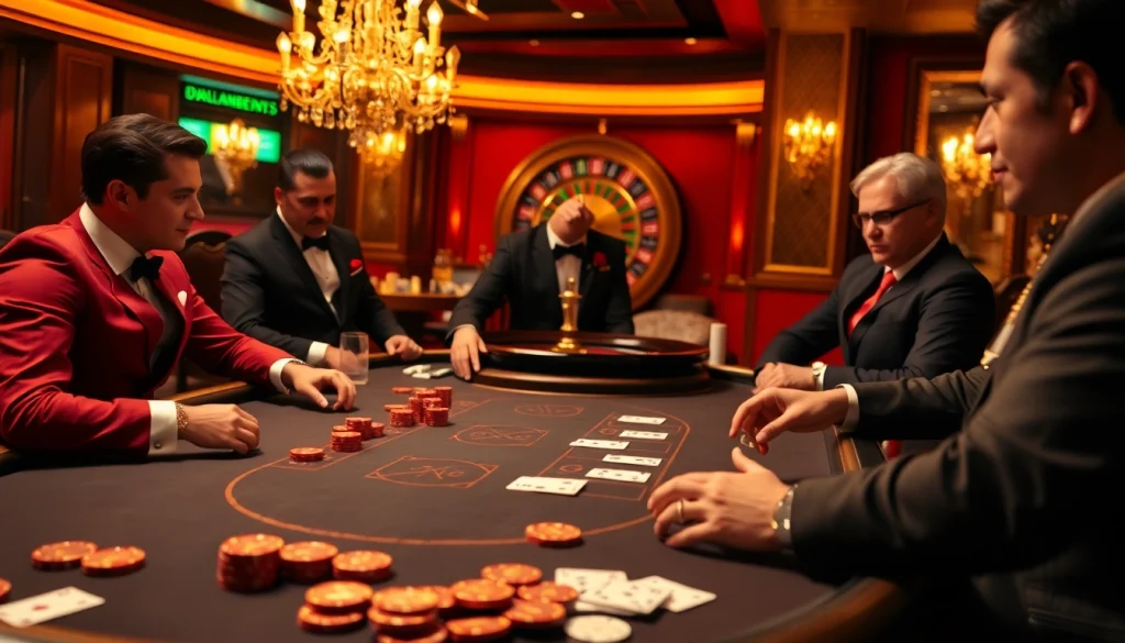 KPI4D players strategizing at a luxurious poker table in a high-stakes casino atmosphere.