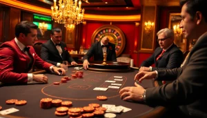 KPI4D players strategizing at a luxurious poker table in a high-stakes casino atmosphere.