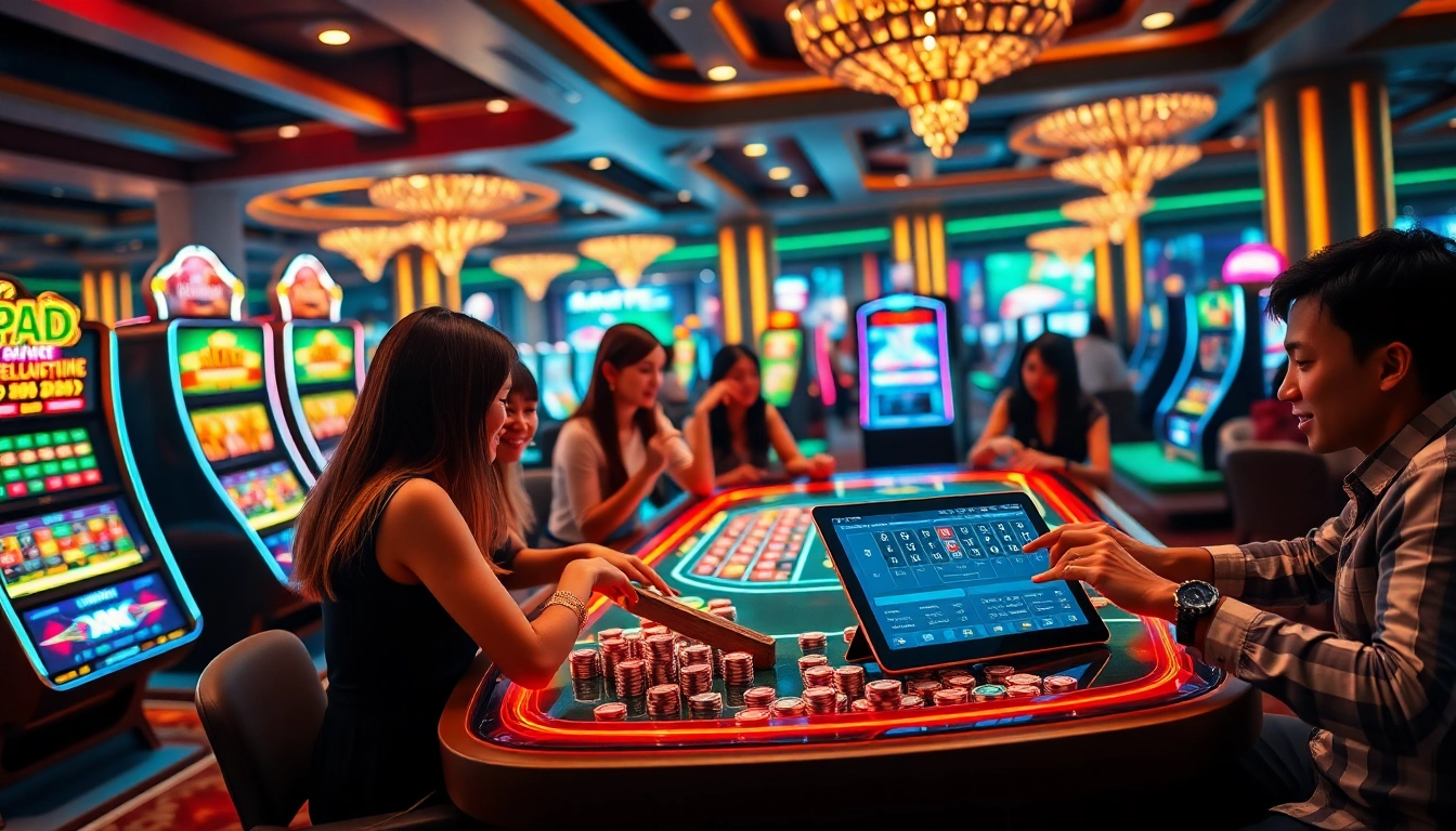 Plongez dans l'atmosphère vibrante du meilleur casino en ligne avec des joueurs profitant des tables électroniques.