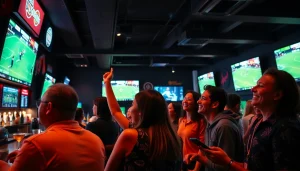 Exciting atmosphere at a sports betting bar, highlighting 토토스토리 culture.