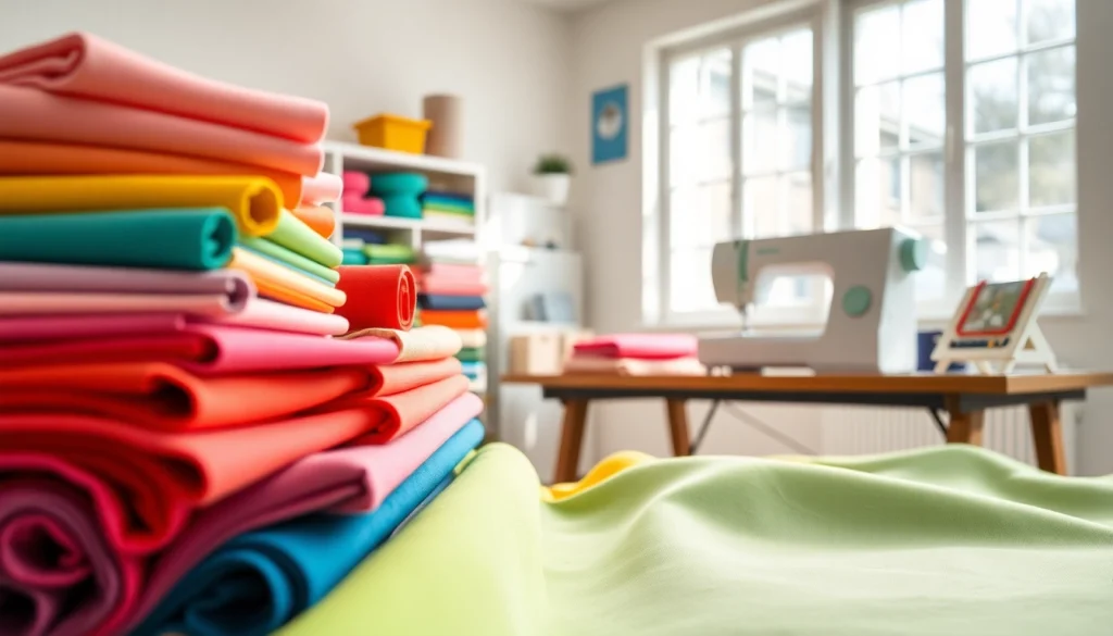 Sewing fabrics voor naaien beginners displayed vibrantly in a lively studio setting