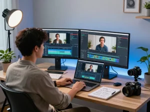 Video to prompt ai generator workflow in a modern office setup, highlighting professional video editing and analysis.