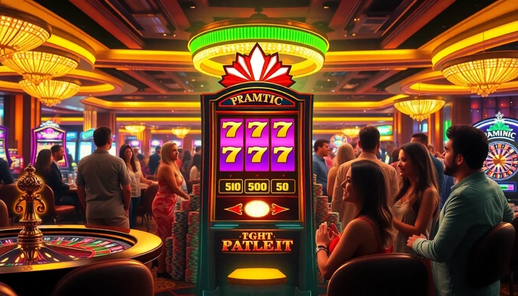 Players engage with a pragmatic slot machine in a luxury casino, surrounded by vibrant poker chips and roulette wheels.