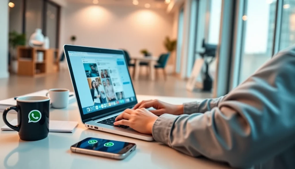 Professional using WhatsApp Web on a laptop, showcasing seamless communication and modern workspace.