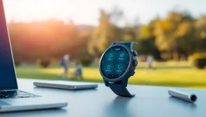 Showcasing the Explorer Plus GPS Smart Watch with a stunning display against a bright outdoor backdrop.