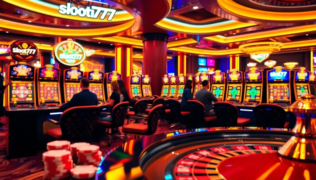 Excited gamblers enjoying high-stakes gameplay at slot777 slot machines in a vibrant casino.