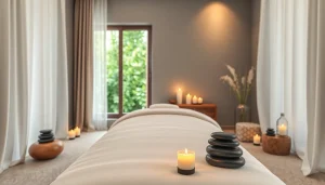 편안한 분위기의 부드러운 조명과 차분한 장식이 어우러진 스웨디시 마사지룸, 이완에 완벽합니다.