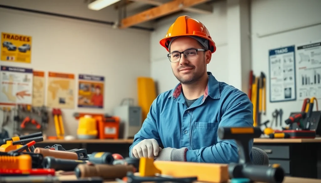Enhance skilled trades training with a construction worker demonstrating expert techniques in a workshop.