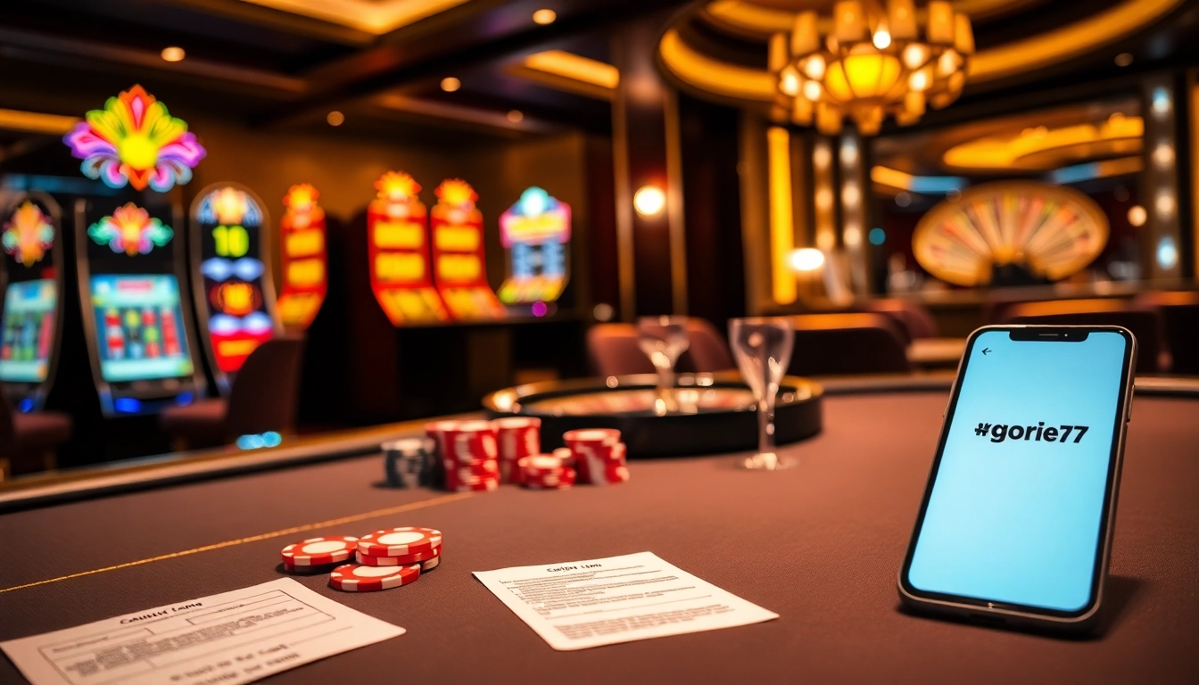 Gori77 offers an exciting casino scene with poker chips and slot machines, capturing thrilling gambling moments.