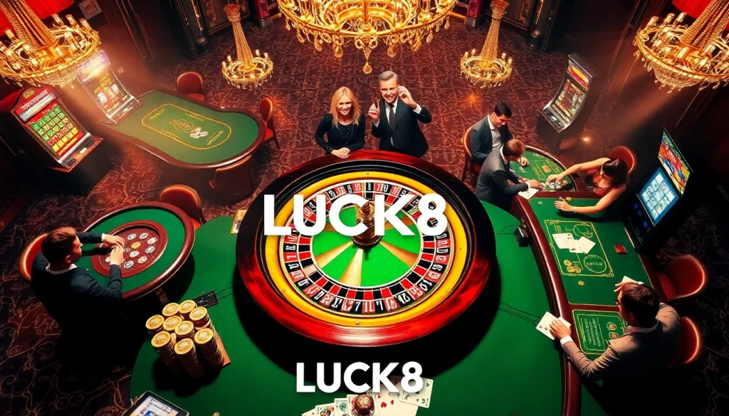LUCK8 showcases a thrilling casino atmosphere with energetic players, roulette wheels, and vibrant decorations.