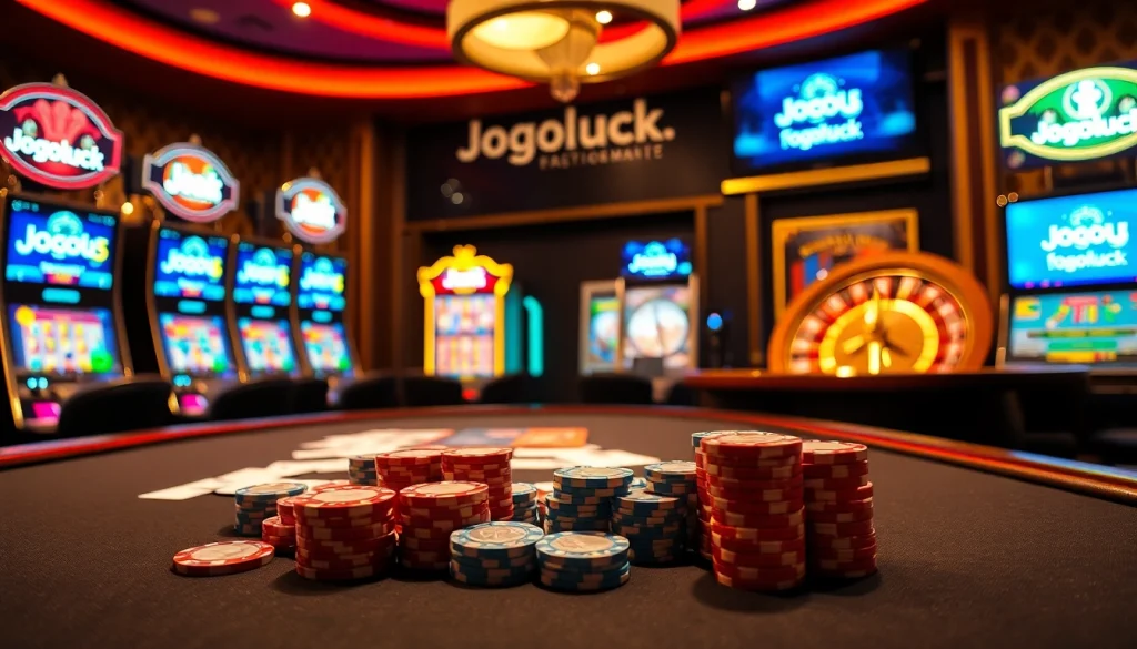 Experience the excitement of gambling at Jogoluck with vibrant poker chips and cards.