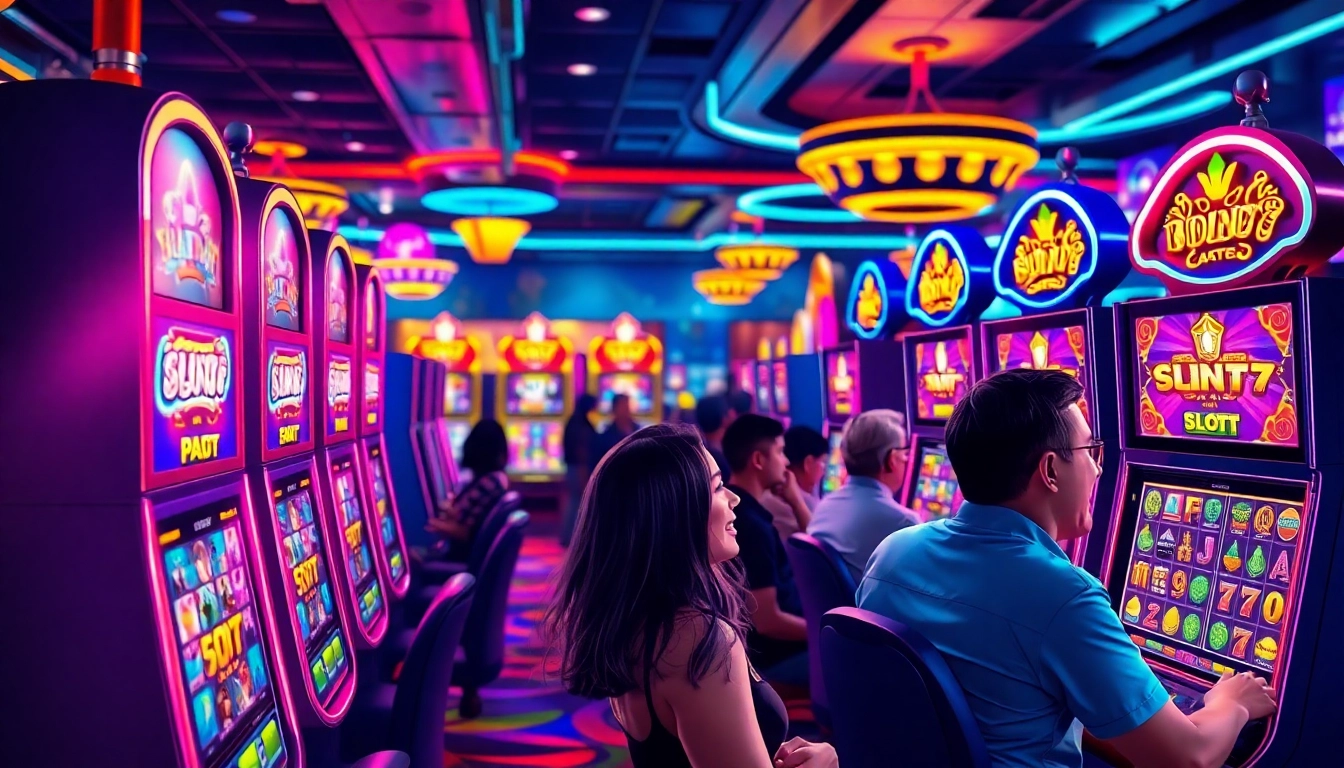 Menampilkan slot777 yang penuh warna dan pemain yang bersemangat di kasino.