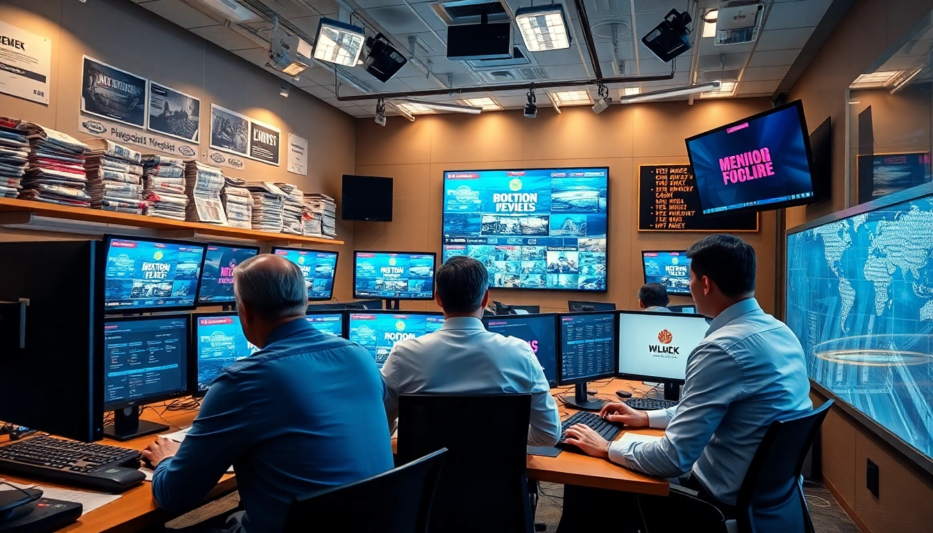 Read news updates in a professional newsroom with journalists and digital displays.
